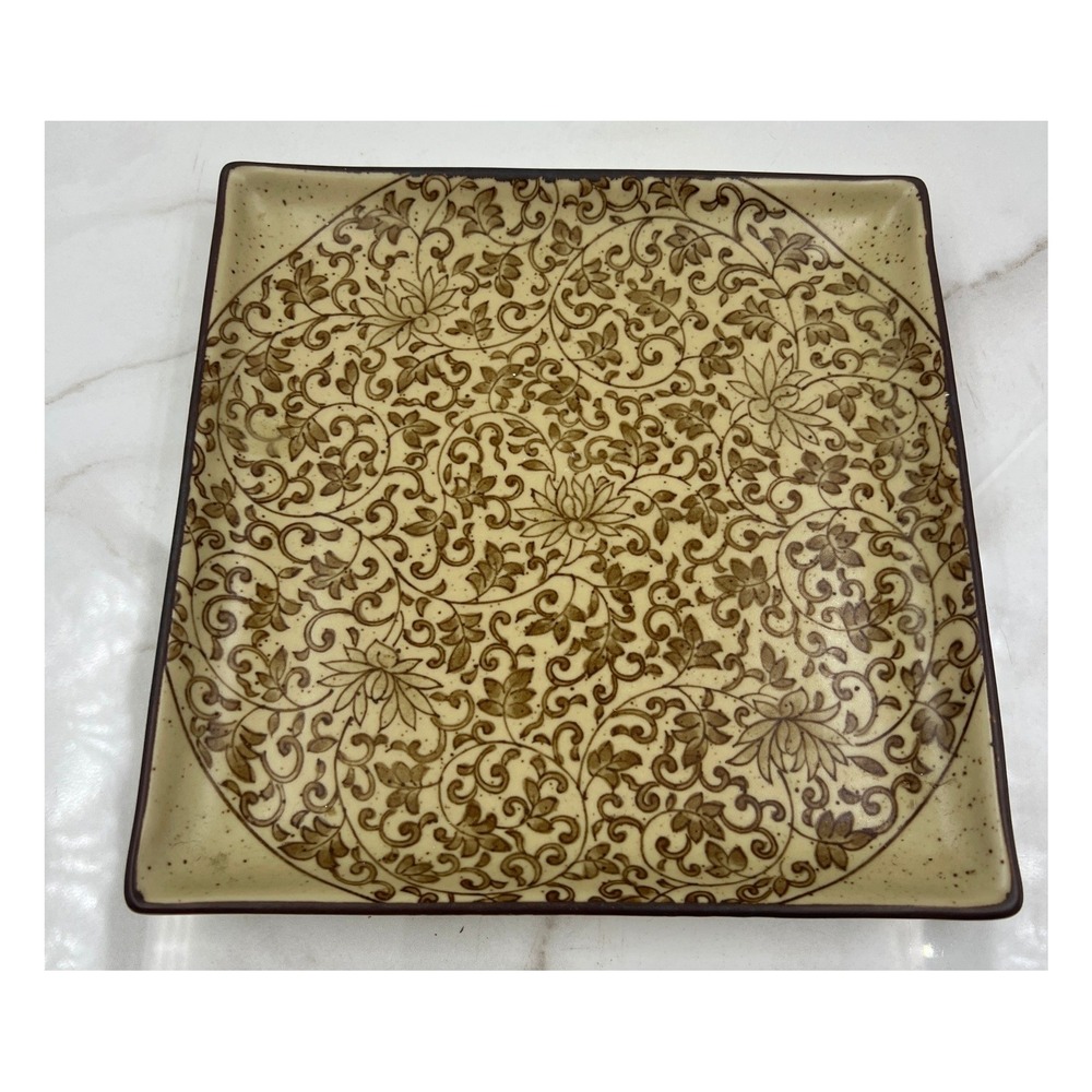 Sound Collection Japanese Ceramic Square Plate Brown Floral Vine Scroll 9.25in
